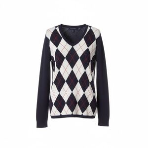 Tommy Hilfiger Navy and White Argyle V-Neck Sweater, Size Medium, NWOT